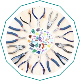 Various gemstones surrounded by different types of pliers arranged in a circle on a wooden surface.  From a guide on jewelry making tools.